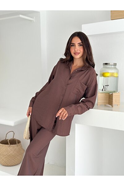 sportiness Σετ πουκάμισο από ύφασμα φράουλα με ελαστική μέση και φαρδύ πόδι