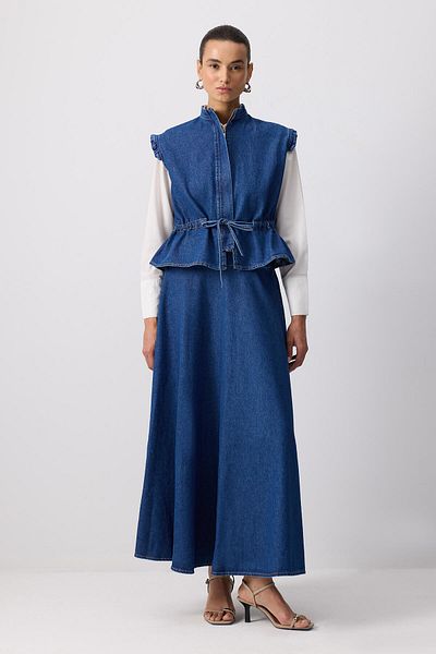 Touché Privé Denim Vest Skirt Suit with Tie Waist