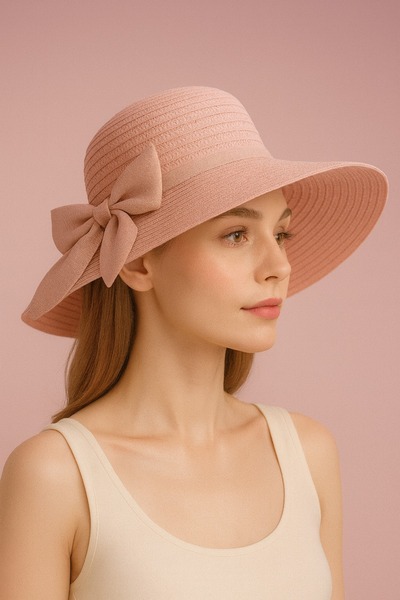 Moda Accessories قبعة صيفية من القش ذات حافة واسعة باللون الوردي مع تفاصيل في...