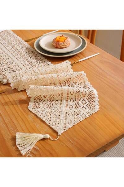 Generic Cotton Lace Boho Table Runner, Table Runner Farmhouse Style, Mesh Woven Table Runner with Tassels f