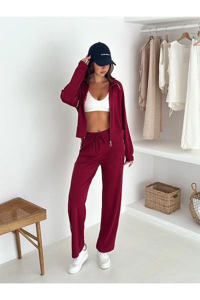 02Lady Fashion Wide Leg Modal Fabric Tracksuit Set with Piping Detail
