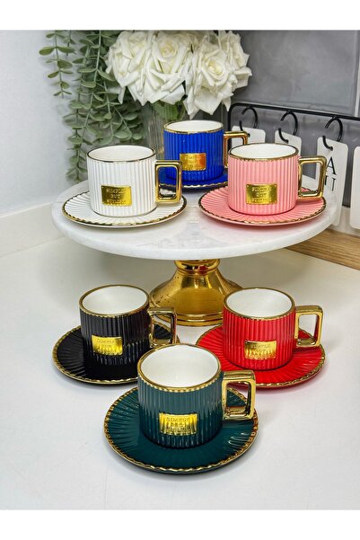 dunyazuccaciye طقم أكواب بورسلين مكونة من 6 أشخاص مع أزرار ذهبية