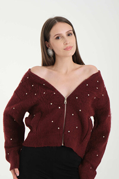 İLKCET MODA Pearl Stone Women's Stretchy Knitwear Pocket Cardigan