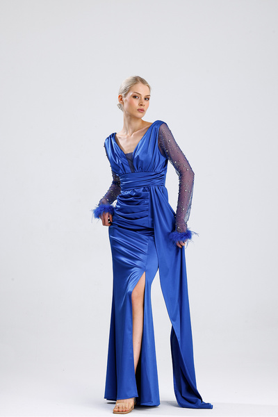 Zoe Zoe Satin Fabric Sleeves Otrişli Bead Detail Fish Dress