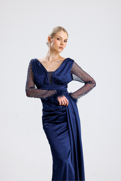 Zoe Zoe Satin Fabric Sleeves Otrişli Bead Detail Fish Dress