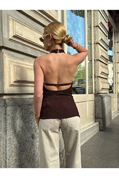 bysoca Γυναικεία καφέ μπλούζα με λαιμόκοψη με ανοιχτή πλάτη και λαιμόκοψη με ...