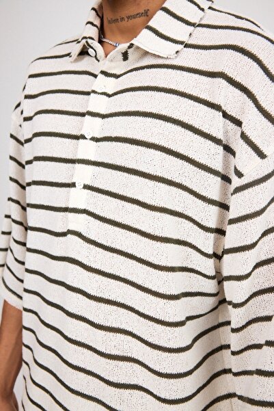 İLKCET MODA Μπλουζάκι με κουμπιά γιακά Χακί με μισό μανίκι Oversize ριγέ