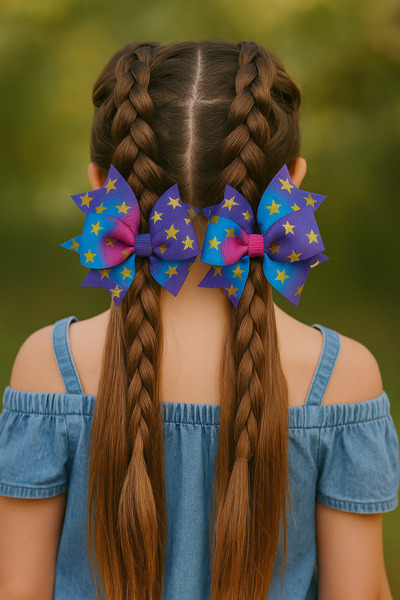 ESİLA KİDS Girl's Buckle Star Patterned Colorful Bow Set of 2 Hair Accessories