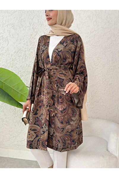 Modamorfo Ethnic Pattern Modal Kimono with Tie Waist - Khaki