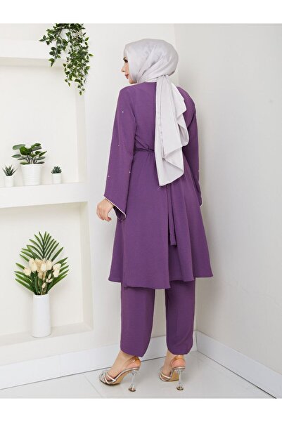 Monchoix Kadın Taş Detaylı Çapraz Döküm Detaylı Büyük Beden Ayrobin Kumaş İkili takım