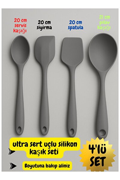 HZL HOME Ultra Sert Uçlu Silikon Kaşık Seti 4'lü Set- 20 cm Servis,Spatula, Sıyırma -21 cm Pilav Kaşığı