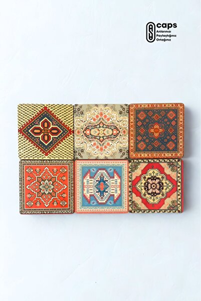 caps office 6 Piece Wooden Turkish Carpet Patterned Coaster Set with Stand – Turkish Carpet Mug Drink Coaster Set