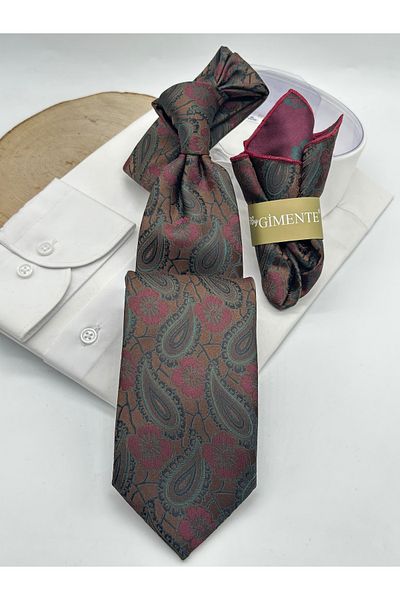 Gutiero Classic Tie with Brown Paisley Patterned Handkerchief