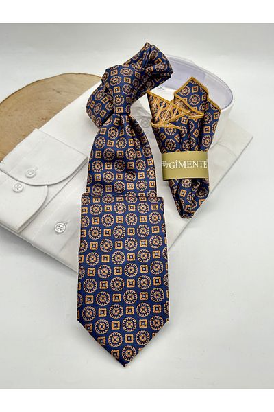 Gutiero Navy Blue Patterned Classic Tie with Handkerchief