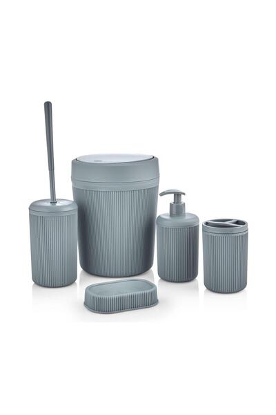 Egem Home Gray 5-Piece Bathroom Set Trash Can Toilet Bowl Brush Liquid Soap Dispenser Toothbrush Holder and Solid Soap Dispenser Set