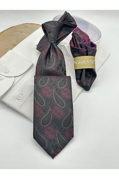 Gutiero Classic Tie with Black Paisley Patterned Handkerchief