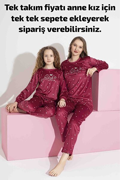 Mine style kadife-kırmızı kalp desenlı enjeksiyon baskılı kışlık Fransız kadife pijama takımı