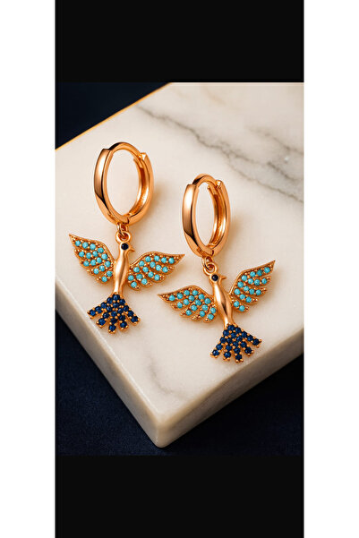 Bilsen Store Özel Tasarım Anka Kuşu Küpe Rose Kaplama Firuze Mavi Taşlı