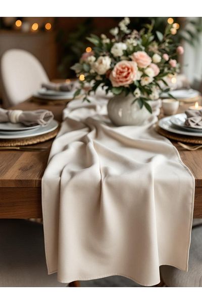 JACA Puff Scuba Fabric Textured Worry-Free Stain-Proof Long Runner Tablecloth and Napkin Set