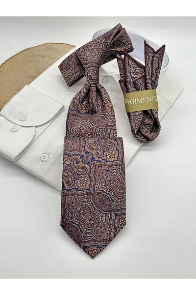 Gutiero Brown Patterned Classic Tie with Handkerchief