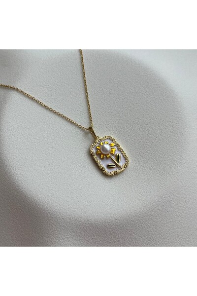 Arye Aksesuar Steel Pearl Detailed Flower Art Necklace