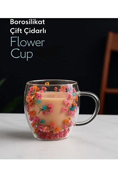 Se Yank Haus Kurutulmuş Çiçekli Bardak Camlı Çift Cidarlı Borosilikat Cam Bar...