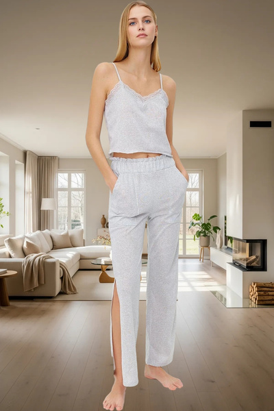 PayBuy Women's Melange Thin Strap Knitted Pajama Set Lace Detail Slit Casual Comfortable Cut