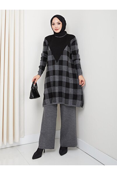 BisuModa Plaid Patterned Knitwear Tunic Suit with Trousers