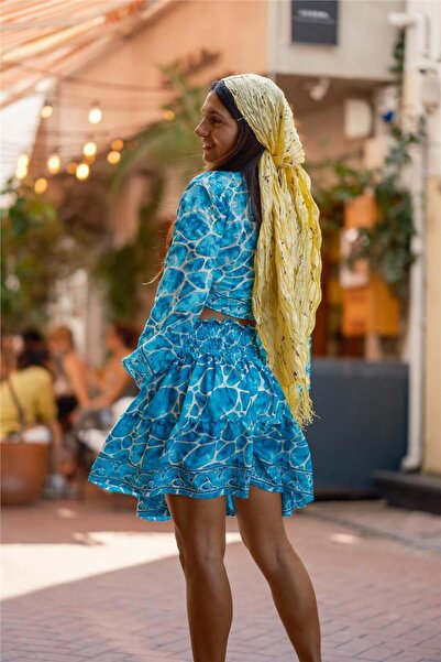 Miss Boheme Turquoise Color Gold Detailed Silk Short Skirt Blouse Set