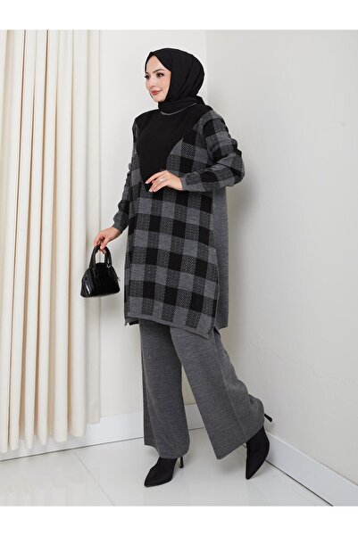 BisuModa Plaid Patterned Knitwear Tunic Suit with Trousers