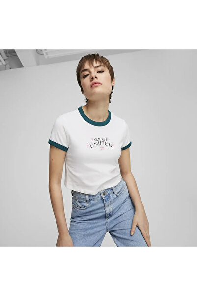 Puma DOWNTOWN Graphic Baby Tee Beyaz Kadın Tişört