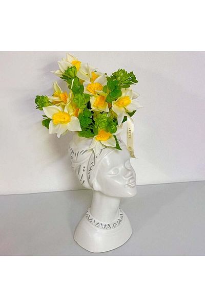 velve Venus Artemis vase with floral arrangement, daffodils and handmade plants, Yellow-Green