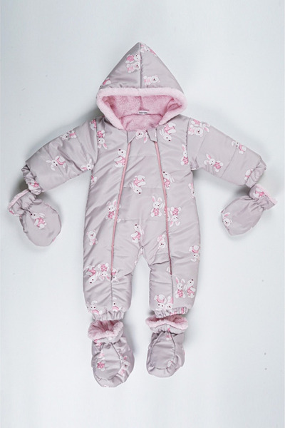 PODİUM GİYİM Trend Cute Rabbit/Bear Pattern Winter Removable Foot/Gloves Hooded Girl Cosmonaut Jumpsuit