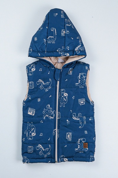 PODİUM GİYİM Trend Special Series Dinosaur Patterned Winter Hooded Boy's Vest
