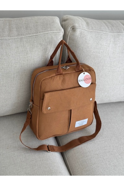 BAGLOVİS Multi Pocket Canvas Medium Size Taba Backpack En25 Boy30