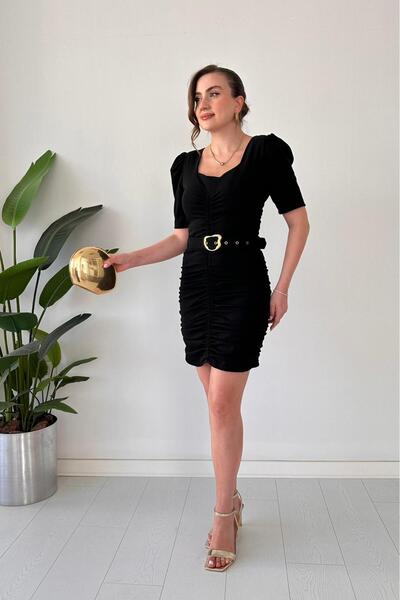 MaziButik Gathered Waist Crepe Dress Black