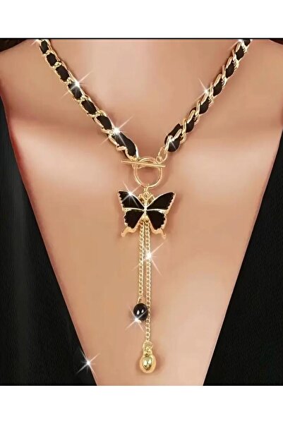 KANERUZ Bohemian Style Black Chain Tassel Butterfly Necklace