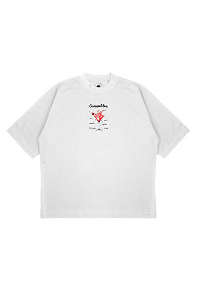 PURE EFFECT تي شيرت للجنسين كبير الحجم مطبوع عليه كوكتيل كوزموبوليتان من القماش السميك