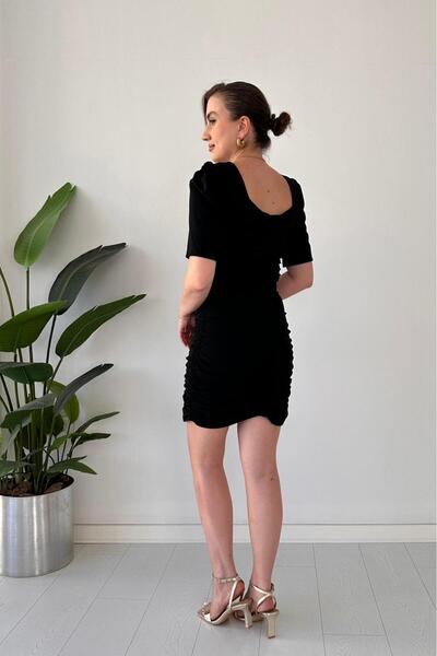 MaziButik Gathered Waist Crepe Dress Black