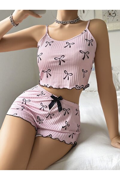Elzena Women's Pink Ribbon Patterned Shorts Pajamas Set – Comfortable and Stylish Home Wear