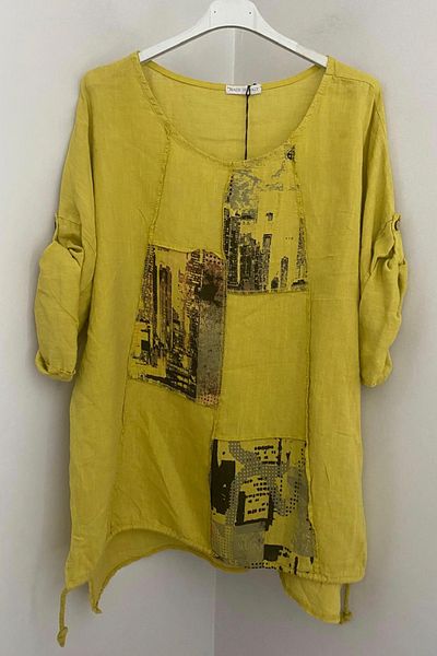 AYASOFYA OTANTIK Women's Italian Yellow Round Neck Patch Detailed Half Sleeve Oversize Loose 100% Linen Blouse Tunic