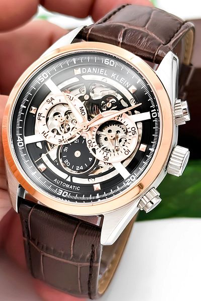 Daniel Klein Automatic Mechanism Leather Cord Steel Case Men Wrist Watch Coffee-Rose Zmdk1195