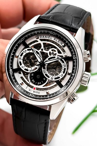 Daniel Klein Automatic Mechanism Leather Cord Steel Case Men Wrist Watch Black-Silver Zmdk1195