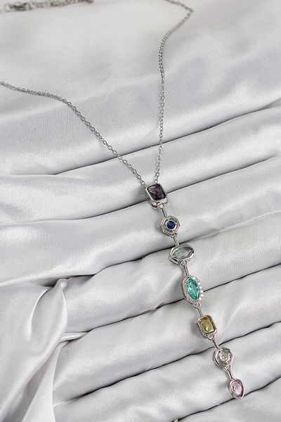 REBORN DESIGN Brass Colored Zircon Stone Model Silver Color 7 Element Women's Y Necklace
