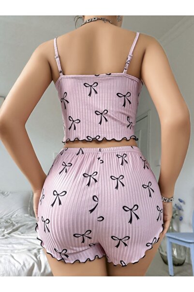 Elzena Women's Pink Ribbon Patterned Shorts Pajamas Set – Comfortable and Stylish Home Wear