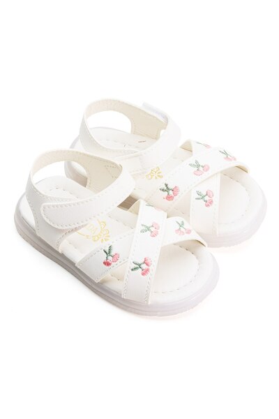 Mixbo - Children's Sandals, Velcro Closure, Soft Insole, Heel Lights, Embroidered Flowers, Light Whi