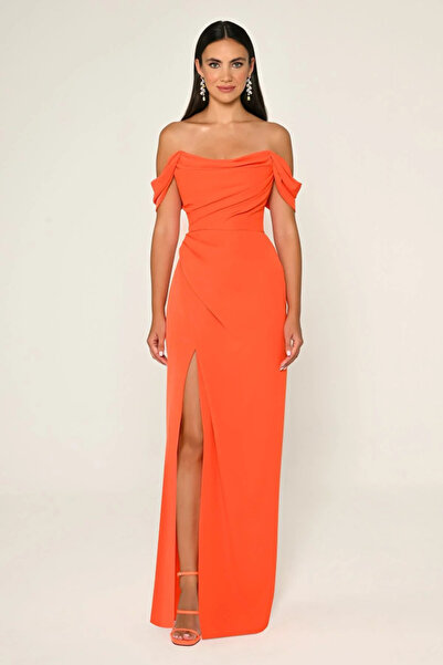 ALFABETA KADIN ABİYE DÜŞÜK OMUZ YANDAN YIRTMAÇLI KREP UZUN ŞIK ELBİSE