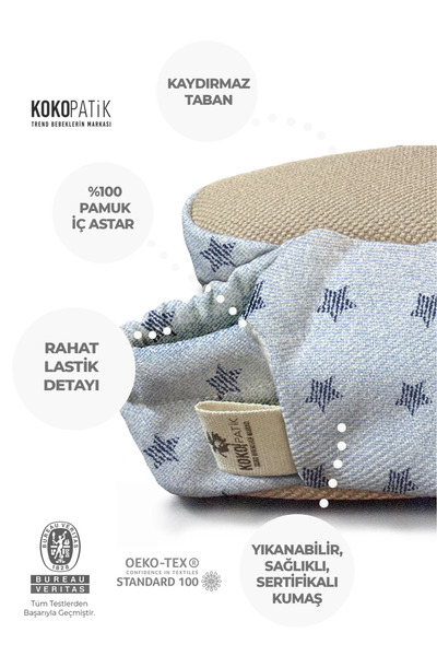 Kokopatik Organic Cotton Baby Booties, Anti-Slip Sole, Home Nursery Shoes, White Denim Pattern Booties