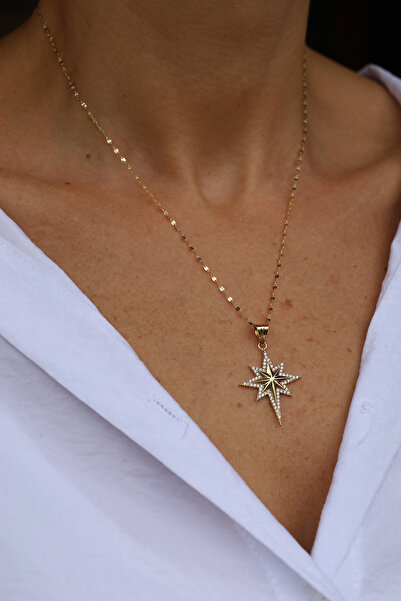 Yenigün Kuyumculuk 14 Ayar Altın Taşlı ve Gövdesi Bombeli Kutup Yıldızı Kolye...