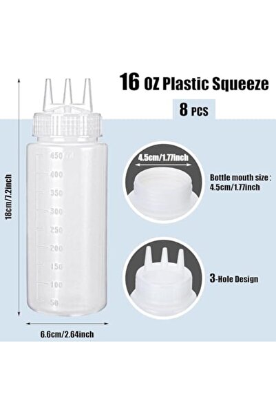 Generic 8 Pcs 3 Hole Squeeze Bottles, 16 oz Plastic Condiment Squeeze Bottles, Salad Dressing Container Sauc